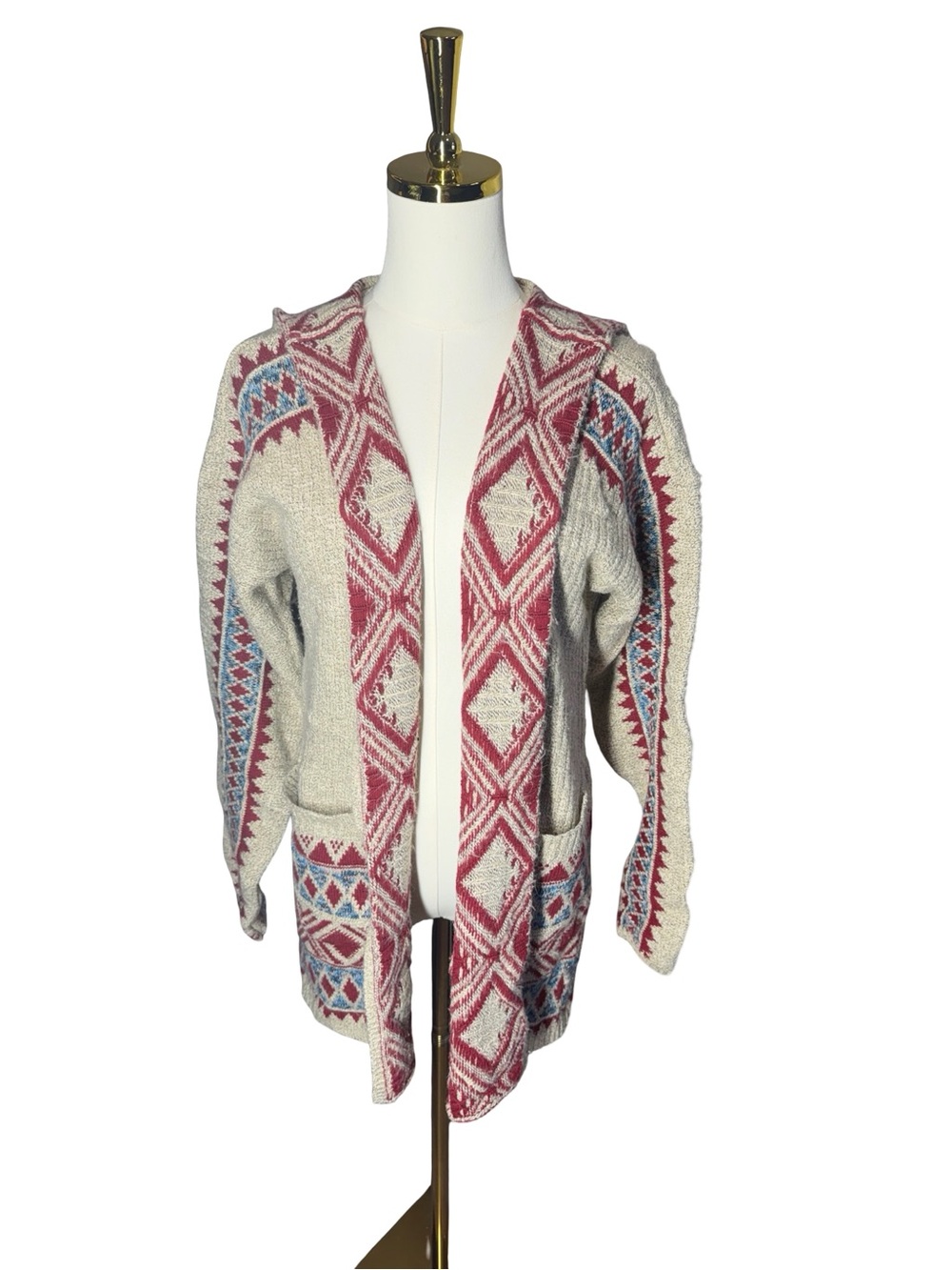 Lucky Brand Cream Open-Front Cardigan with Red and Light Blue Geometric Pattern